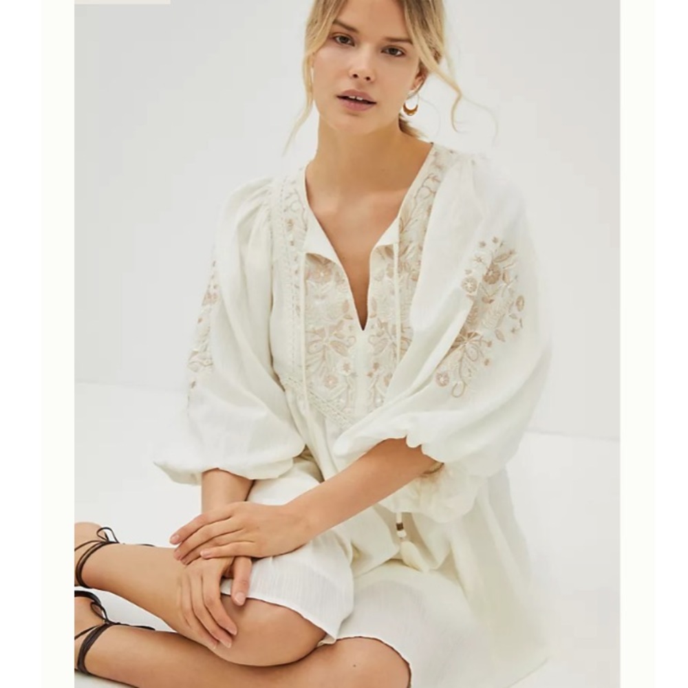 Anthropologie Ivory Embroidered Peasant Dress
